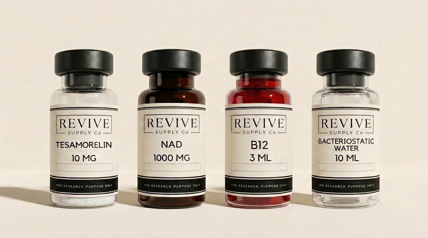 Revive NAD and B12 research vials on neutral plinths